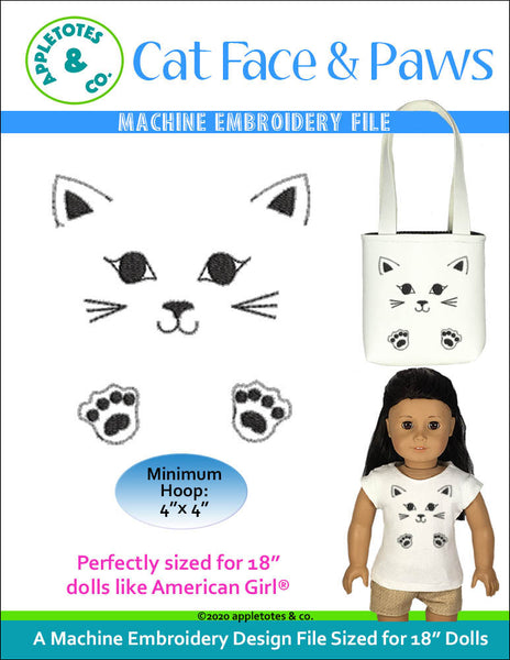 Cat Face and Paws Machine Embroidery File for 18 Inch Dolls