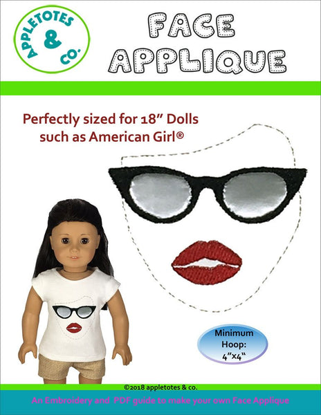 Face Sunglasses Applique Machine Embroidery File for 18" Dolls