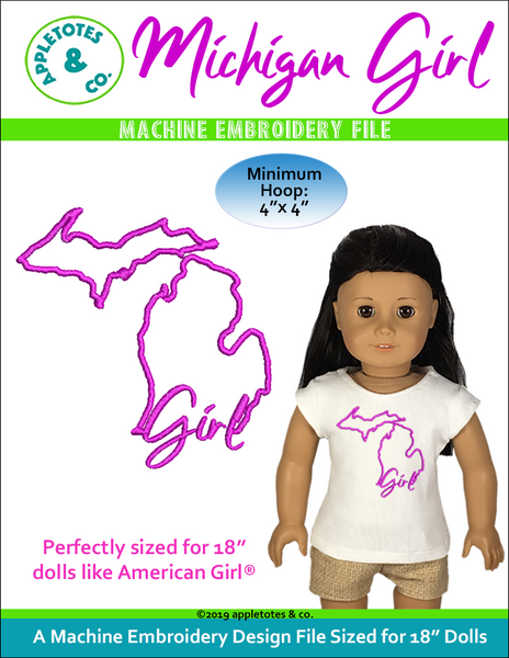 Michigan Girl Machine Embroidery File for 18 Inch Dolls