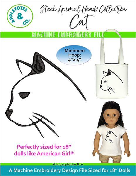 Sleek Cat Head Machine Embroidery File for 18 Inch Dolls