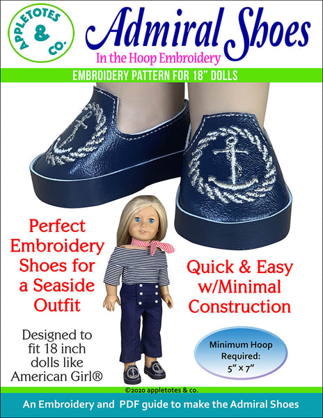 Admiral Shoes ITH Embroidery Patterns for 18 Inch Dolls