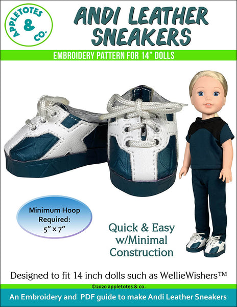 Leather Sneaker Collection (5 Pieces) ITH Embroidery Patterns for 14 Inch Dolls