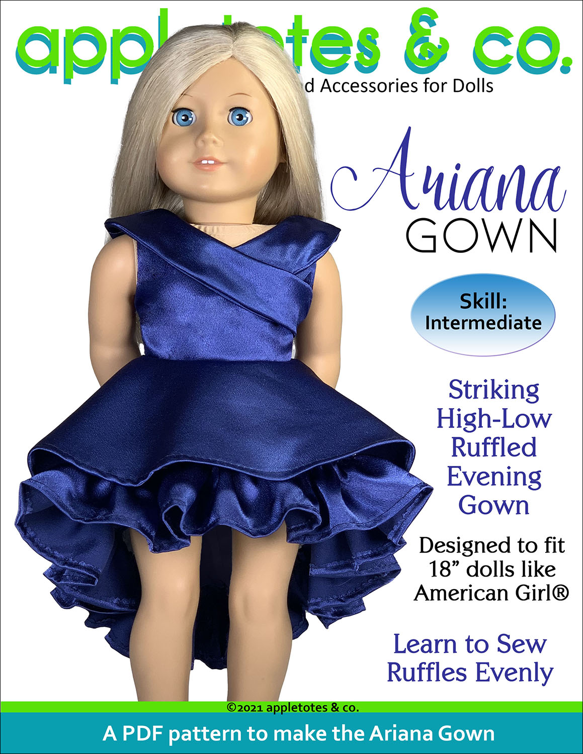 18 doll dress Ariana Gown Inch Sewing Pattern 06062025 velcro back Fashion Navy Dress What fit:Petite