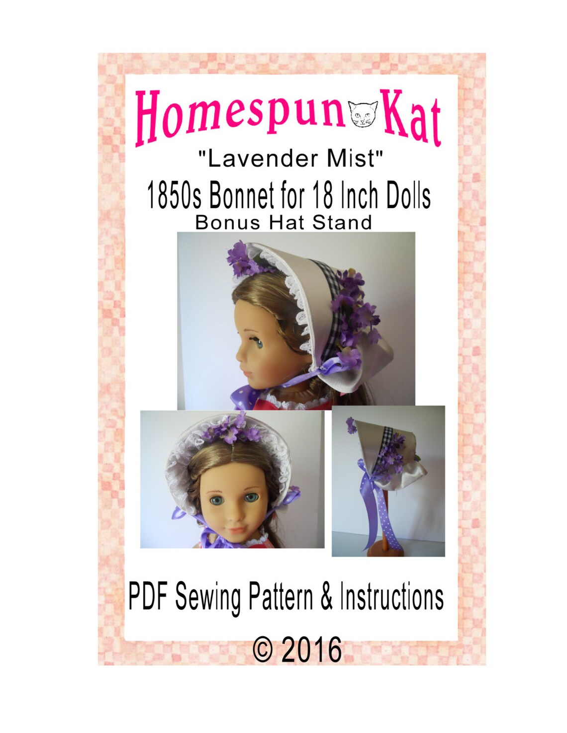 1850s Bonnet 18 Inch Doll Sewing Pattern