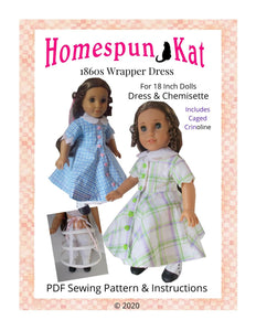 1860s Wrapper Dress 18 Inch Doll Sewing Pattern