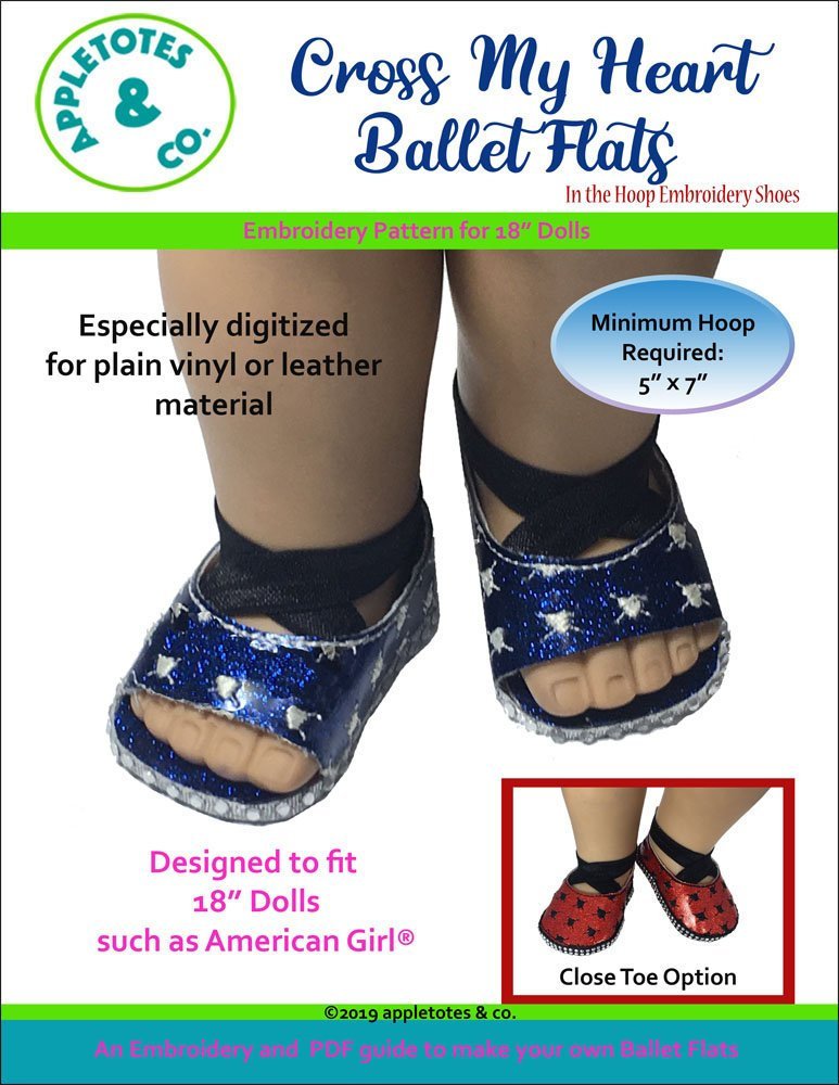 Cross My Heart Ballet Flats ITH Embroidery Patterns for 18 Inch Dolls