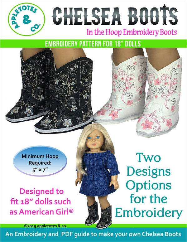 Chelsea Cowboy Boots ITH Embroidery Patterns for 18 Inch Dolls