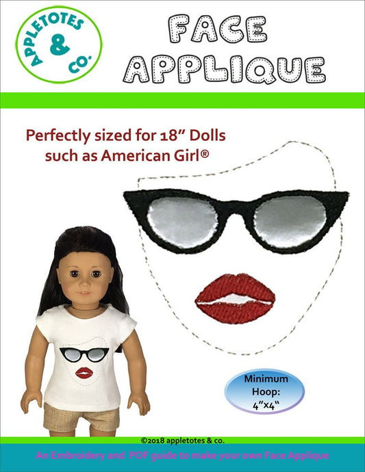 Face Sunglasses Applique Machine Embroidery File for 18" Dolls