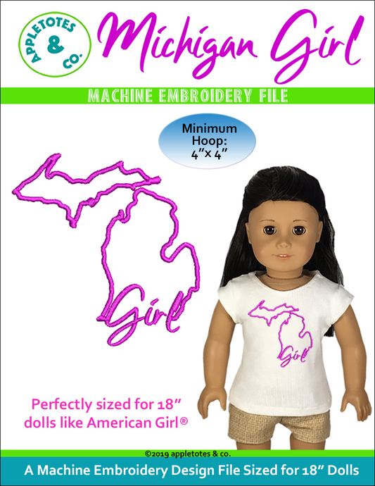 Michigan Girl Machine Embroidery File for 18 Inch Dolls