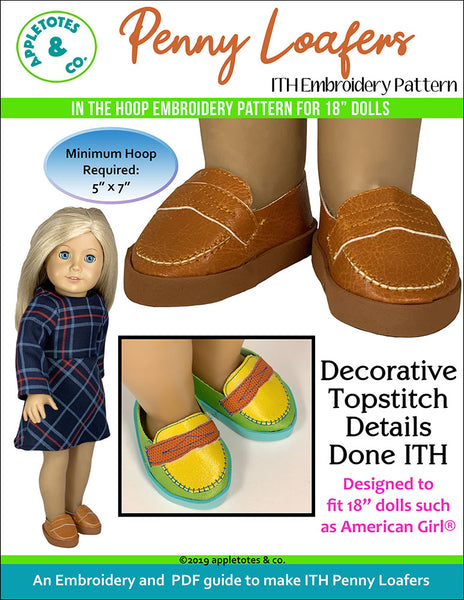 Penny Loafers ITH Embroidery Patterns for 18 Inch Dolls