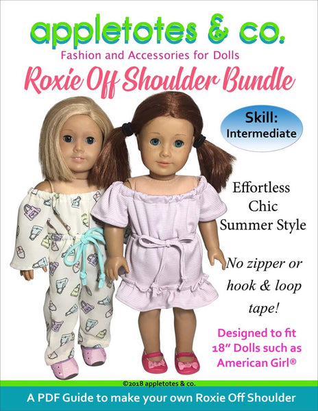 Roxie Off Shoulder Dress and Jumpsuit Sewing Pattern Bundle for 18" Dolls