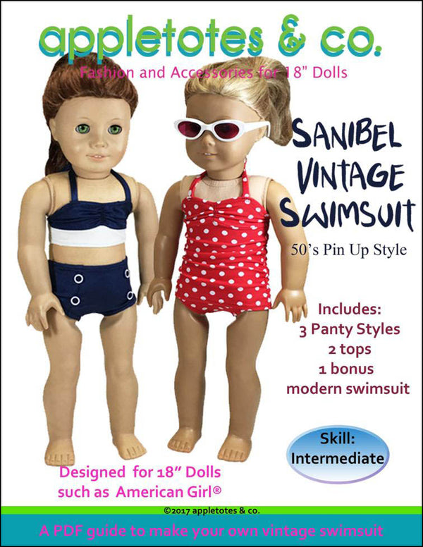 Sanibel Vintage Swimsuit Sewing Pattern for 18 Inch Dolls