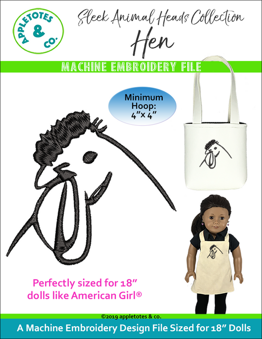 Sleek Hen Head Machine Embroidery File for 18 Inch Dolls