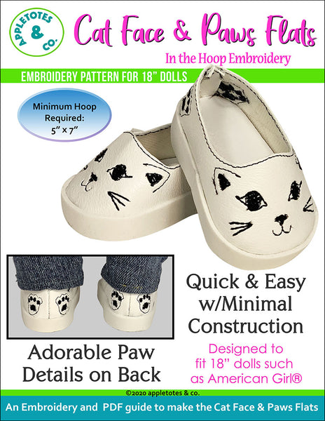 Cat Face and Paws Flats ITH Embroidery Pattern for 18 Inch Dolls