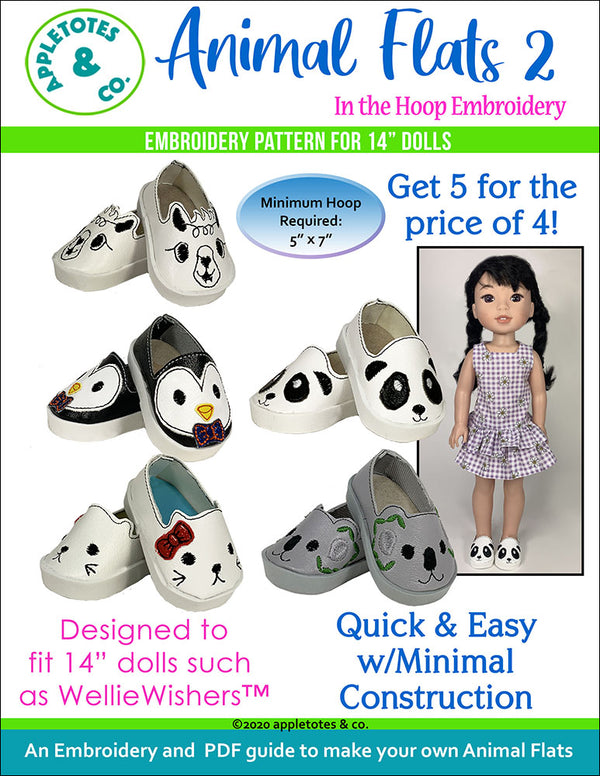 Animal Flats 2 Collection ITH Embroidery Patterns for 14 Inch Dolls