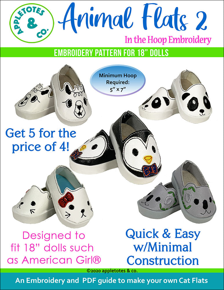 Animal Flats 2 Collection ITH Embroidery Patterns for 18" Dolls