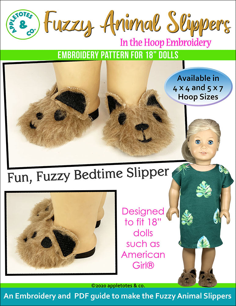 Fuzzy Animal Slippers ITH Embroidery Pattern for 18 Inch Dolls