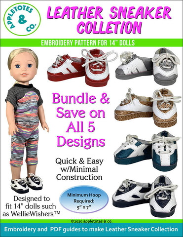 Leather Sneaker Collection (5 Pieces) ITH Embroidery Patterns for 14 Inch Dolls