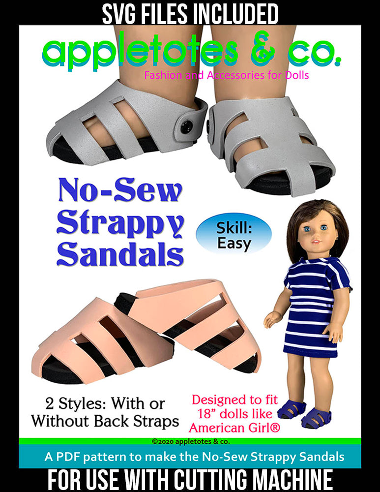 No-Sew Strappy Sandals Sewing Pattern for 18 Inch Dolls - SVG Files Included