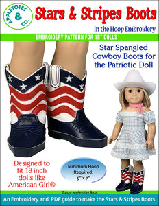 Stars and Stripes Cowboy Boots ITH Embroidery Pattern for 18 Inch Dolls